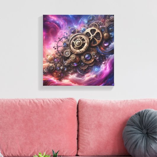 Steampunk Industrial Clockwork Paarse en Roze Canvas Afdruk (Insitu (Woonkamer))