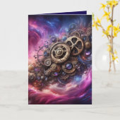 Steampunk Industrial Clockwork Paarse en Roze Kaart (Gele Bloem)