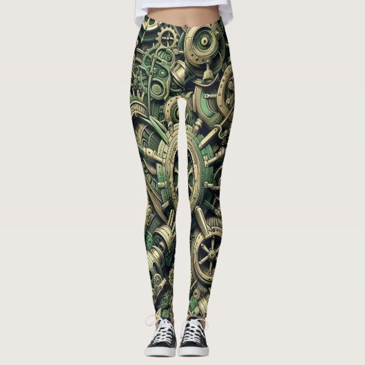 Steampunk Industriële Groene Clockwork Gears Leggings (Voorkant)