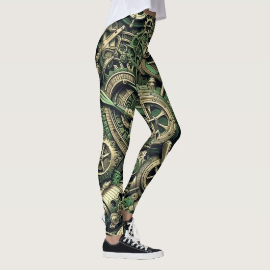 Steampunk Industriële Groene Clockwork Gears Leggings (Rechts)