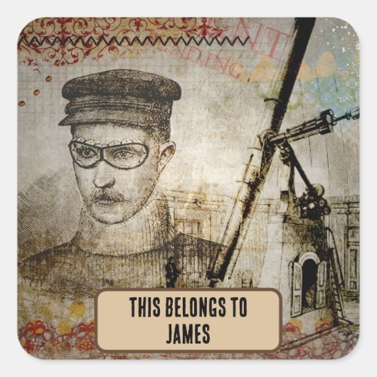 Steampunk Inventor Scientist Telescope Vierkante Sticker (Voorkant)