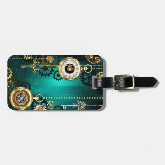 Steampunk Jewelry Watch on a Green Background Bagagelabel (Voorkant horizontaal)