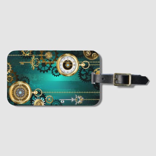 Steampunk Jewelry Watch on a Green Background Bagagelabel (Voorkant (horizontaal))