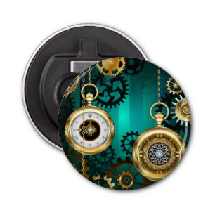 Steampunk Jewelry Watch on a Green Background Button Flesopener