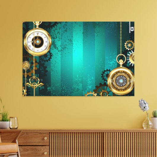 Steampunk Jewelry Watch on a Green Background Canvas Afdruk (Insitu (Woonkamer))