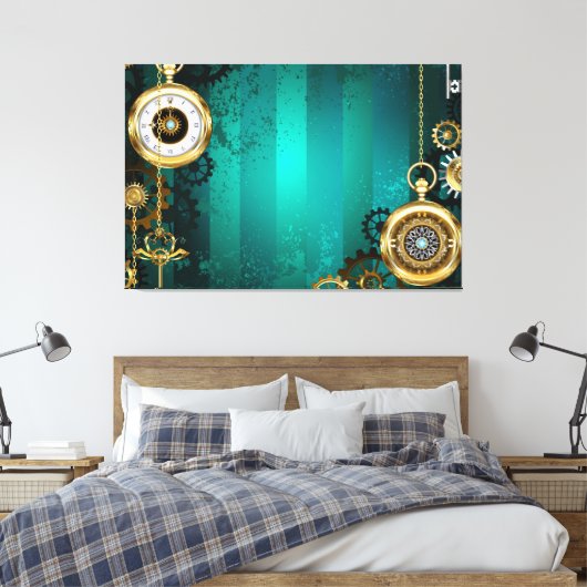 Steampunk Jewelry Watch on a Green Background Canvas Afdruk (Insitu (Slaapkamer))