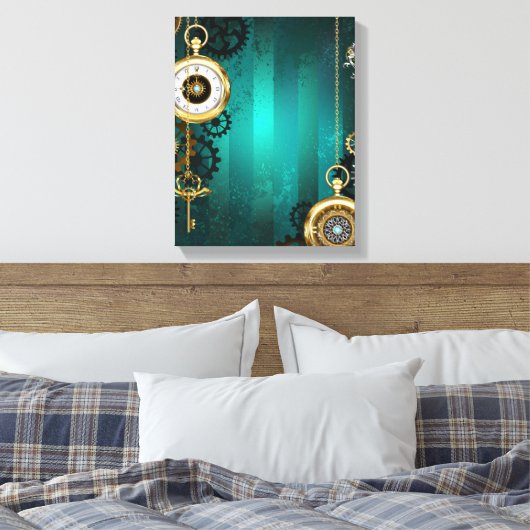 Steampunk Jewelry Watch on a Green Background Canvas Afdruk (Insitu (Slaapkamer))