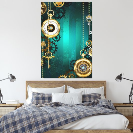 Steampunk Jewelry Watch on a Green Background Canvas Afdruk (Insitu (Slaapkamer))