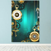 Steampunk Jewelry Watch on a Green Background Canvas Afdruk (Insitu (Houten vloer))