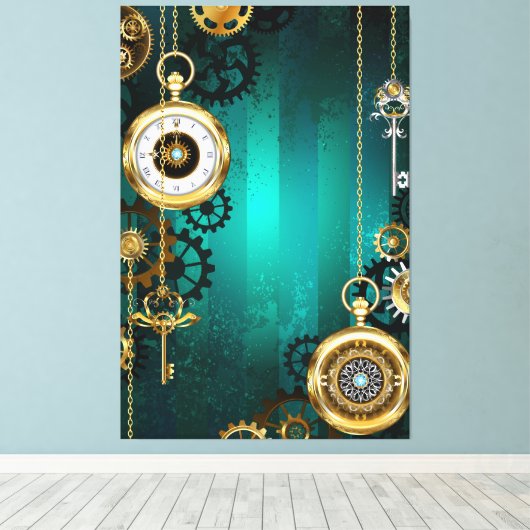 Steampunk Jewelry Watch on a Green Background Canvas Afdruk (Insitu (Houten vloer))