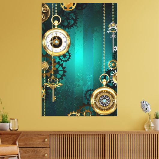 Steampunk Jewelry Watch on a Green Background Canvas Afdruk (Insitu (Woonkamer))
