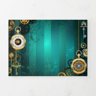 Steampunk Jewelry Watch on a Green Background Drieluik Kaart