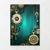 Steampunk Jewelry Watch on a Green Background Drieluik Wenskaart (Cover)