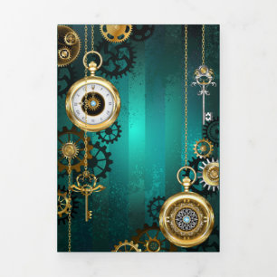 Steampunk Jewelry Watch on a Green Background Drieluik Wenskaart