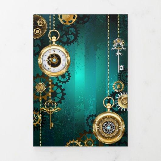 Steampunk Jewelry Watch on a Green Background Drieluik Wenskaart (Cover)