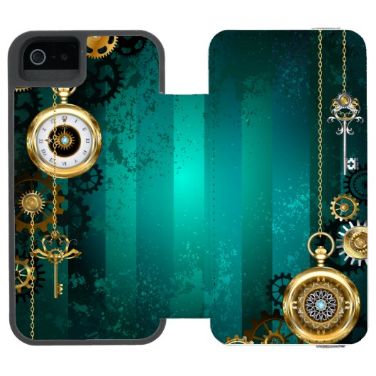 Steampunk Jewelry Watch on a Green Background Incipio iPhone Portemonnee Hoesje (Agenda Open)