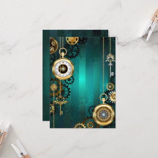 Steampunk Jewelry Watch on a Green Background Kaart (Voorkant / Achterkant in situ)