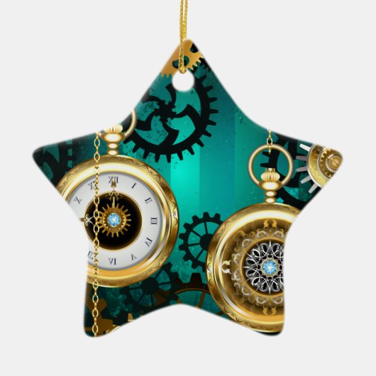 Steampunk Jewelry Watch on a Green Background Keramisch Ornament (Voorkant)