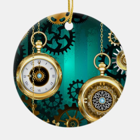 Steampunk Jewelry Watch on a Green Background Keramisch Ornament (Voorkant)