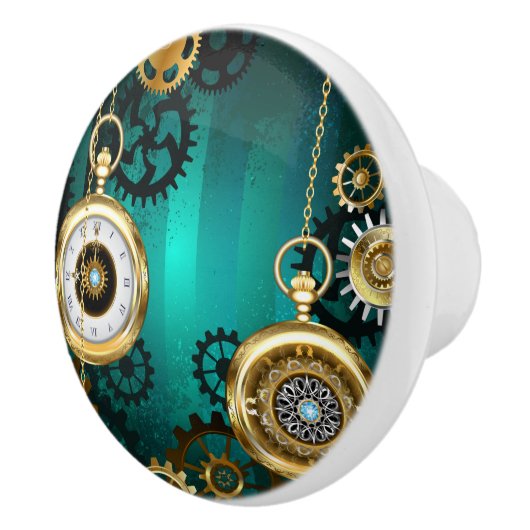 Steampunk Jewelry Watch on a Green Background Keramische Knop (Rechts)