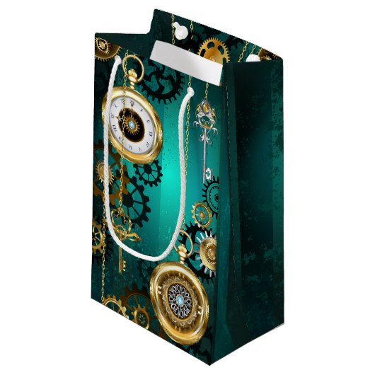 Steampunk Jewelry Watch on a Green Background Klein Cadeauzakje (Voorkant Gekanteld)