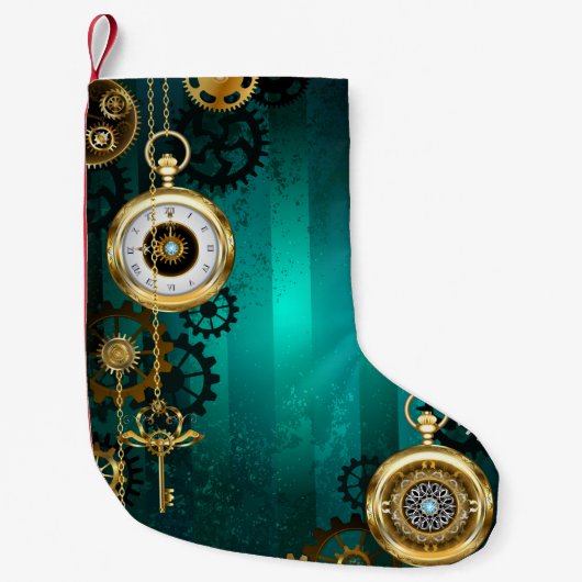 Steampunk Jewelry Watch on a Green Background Kleine Kerstsok (Voorkant)
