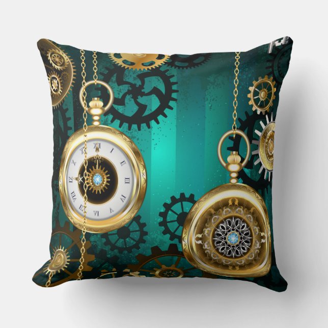 Steampunk Jewelry Watch on a Green Background Kussen (Voorkant)