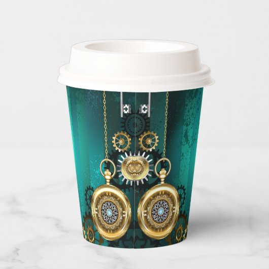 Steampunk Jewelry Watch on a Green Background Papieren Bekers (Rechts)