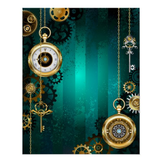 Steampunk Jewelry Watch on a Green Background Perfect Poster (Voorkant)