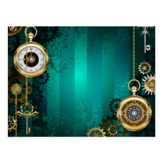 Steampunk Jewelry Watch on a Green Background Perfect Poster (Voorkant)