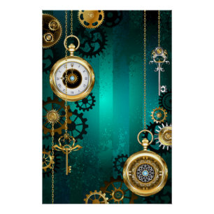 Steampunk Jewelry Watch on a Green Background Perfect Poster