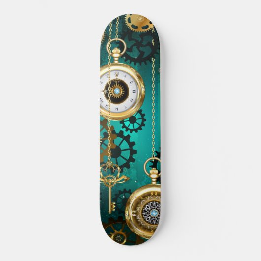 Steampunk Jewelry Watch on a Green Background Persoonlijk Skateboard (Voorkant)