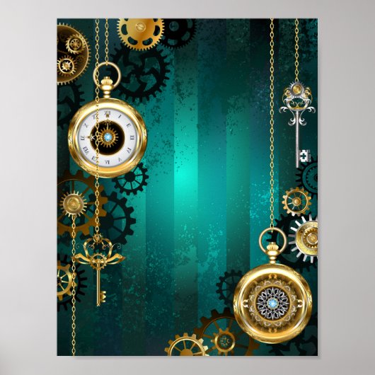 Steampunk Jewelry Watch on a Green Background Poster (Voorkant)