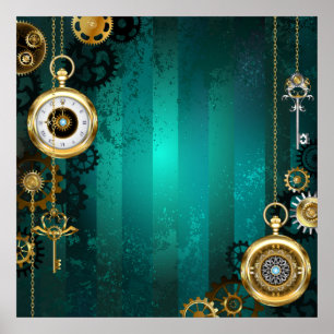 Steampunk Jewelry Watch on a Green Background Poster