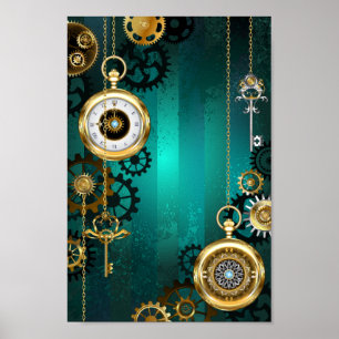 Steampunk Jewelry Watch on a Green Background Poster