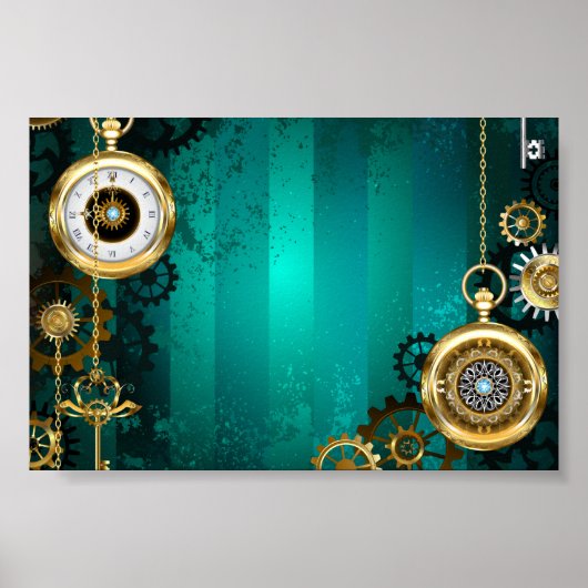 Steampunk Jewelry Watch on a Green Background Poster (Voorkant)