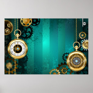 Steampunk Jewelry Watch on a Green Background Poster