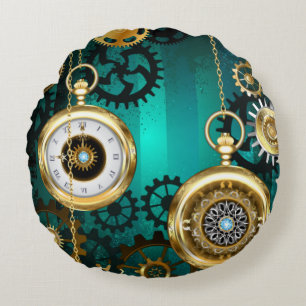 Steampunk Jewelry Watch on a Green Background Rond Kussen