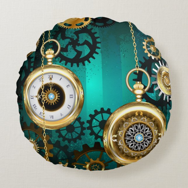 Steampunk Jewelry Watch on a Green Background Rond Kussen (Voorkant)
