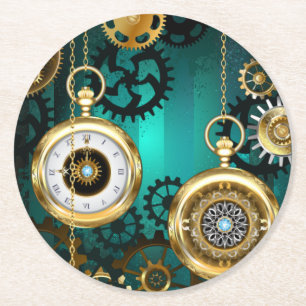 Steampunk Jewelry Watch on a Green Background Ronde Kartonnen Onderzetter