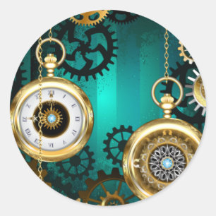 Steampunk Jewelry Watch on a Green Background Ronde Sticker