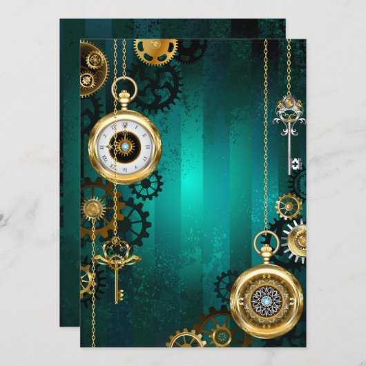 Steampunk Jewelry Watch on a Green Background Save The Date (Voorkant / Achterkant)