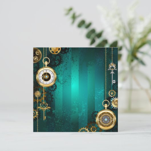 Steampunk Jewelry Watch on a Green Background Save The Date (Staand voorkant)