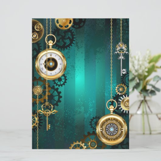 Steampunk Jewelry Watch on a Green Background Save The Date (Staand voorkant)