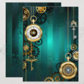 Steampunk Jewelry Watch on a Green Background Save The Date (Voorkant / Achterkant)