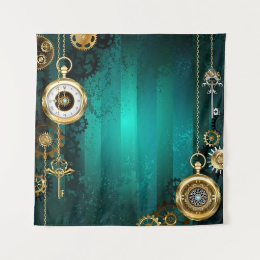 Steampunk Jewelry Watch on a Green Background Wandkleed (Voorkant)