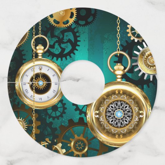 Steampunk Jewelry Watch on a Green Background Wijnglaslabel (Achterkant)