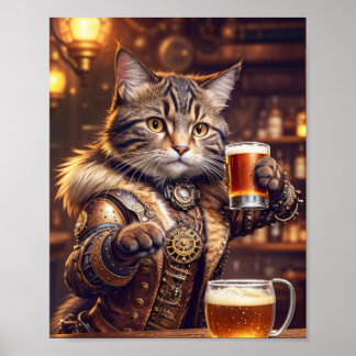 Steampunk kat drink bier in een pub - poster
