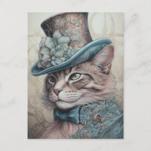 Steampunk Kat in Blauw Pak Briefkaart