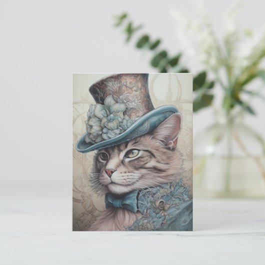Steampunk Kat in Blauw Pak Briefkaart (Staand voorkant)